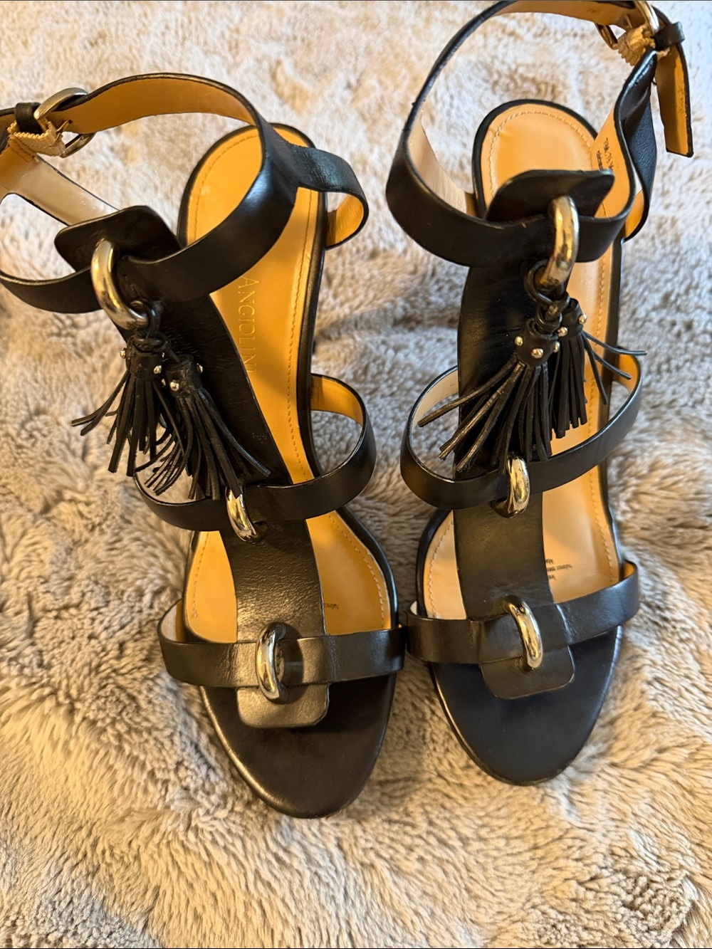 Enzo Angiolini Black Leather Tassel Strappy Heels